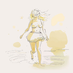 A woman at the beach walking in a bikini, the image symbolizes a simple and intense joy of life. Perfect to illustrate a feeling or an aesthetic.