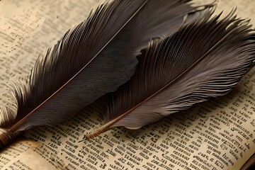 Old black feather pen on top of book created with Generative AI technology