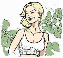 A young woman in full bloom, surrounded by fruit trees and vitality. An ideal image to illustrate a feeling of well-being and joy of life.