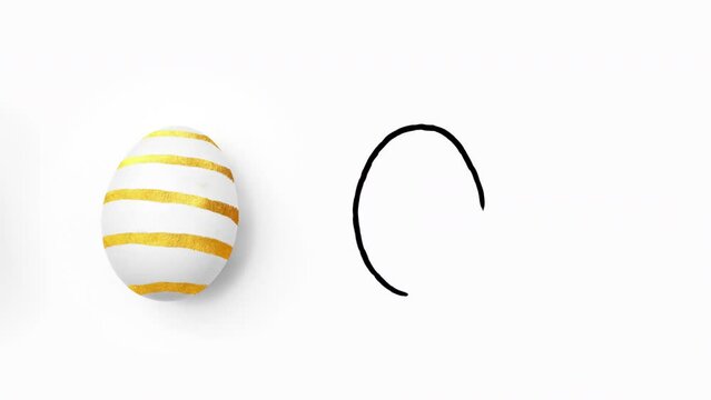 4K greeting card for Happy Easter holiday. The drawing of the egg appears on a white background. A real egg with a gold striped pattern, an egg with a dot pattern, an egg with a linear pattern appear 