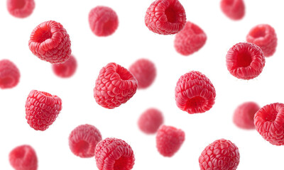 Collection of various falling fresh ripe raspberries