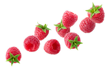 Various falling fresh ripe raspberries on white background
