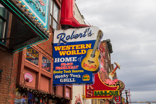 A Shot Of The Neon Sign Outside Of Robert’s Western World Along Broadway Street On A Cloudy Day In Nashville Tennessee USA