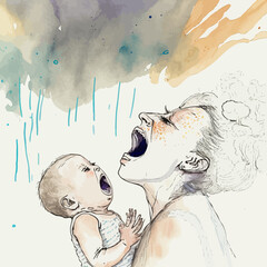 Illustration of a mother enduring parental burnout, following the crying of her baby. An image that illustrates the emotional consequences of difficult parenthood.