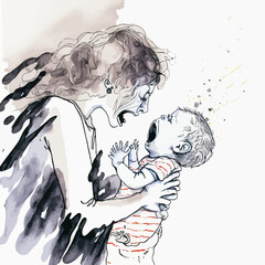 Illustration of a mother suffering from parental burn out, standing next to her crying baby. Ideal for graphic and emotional use.