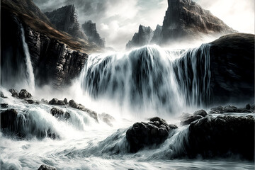 Fototapeta premium a waterfall with rocks and a cloudy sky - Generative AI