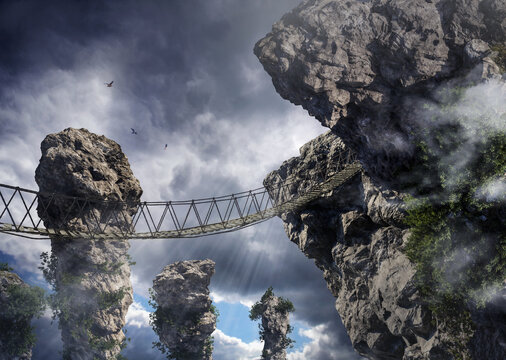 Spectacular rope bridge crossing a canyon, 3D illustration
