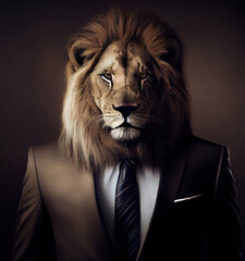 Portrait of a lion in elegant business suit outfit. Serious boss concept.  
Digitally generated AI image.