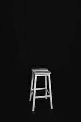 minimalist wooden chair against black background. Concept modern interior and design furniture in room. High stool in loft style. Retro Bar chair. Vintage wooden metal chair