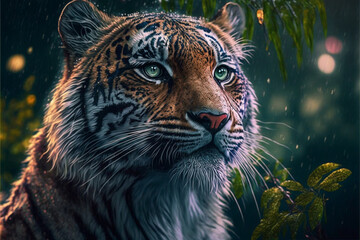 Portrait of a tiger in the rain, against the background of tropical greenery bokeh, a predator in the wild