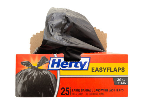 Pleasant Valley, Canada - January 23, 2023: Hefty Garbage Bags. Hefty is an American brand of household products and is owned by Reynolds Consumer Products.
