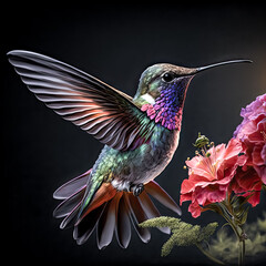 Obraz premium a hummingbird flying over pink flowers - Generative AI