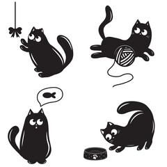 Set of cute cat characters, black outline, doodle style, isolated vector illustration