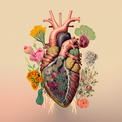 Generative AI illustration  of an anatomical heart with stylised flowers surrounding it