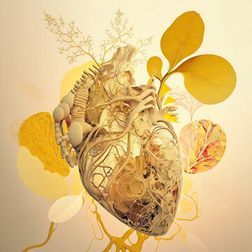 Generative AI illustration  of an anatomical heart with stylised flowers surrounding it