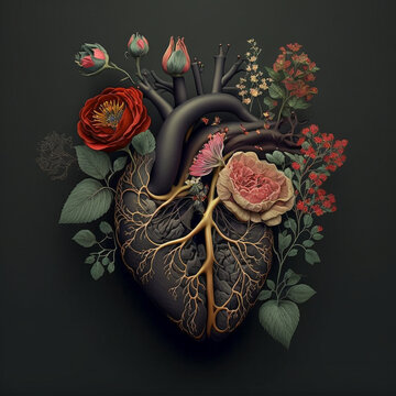 Generative AI illustration  of an anatomical heart with stylised flowers surrounding it