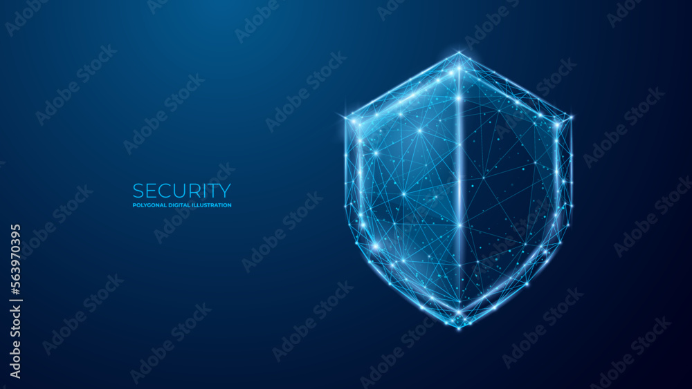 Poster Security Shield. Digital technology protect sign. Cyber security and information or network protection in polygon, lines and geometric shapes. Low poly wireframe vector.