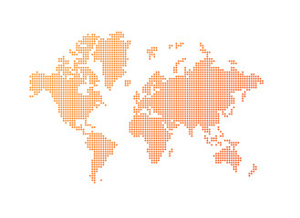 Illustration of an orange world map made of dots on a transparent background