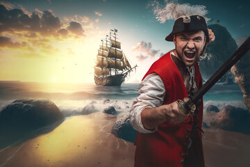 Shot of furious buccaneer dressed in costume and cocked hat with saber on shore.