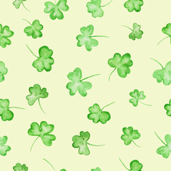 Fototapeta na wymiar Watercolor seamless pattern for St. Patrick Day. Hand drawn clover illustration isolated on beige background. Vector EPS.