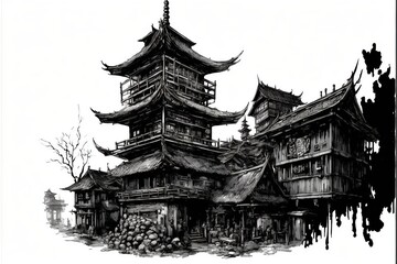 Naklejka premium Ink buildings created with Generative AI technology