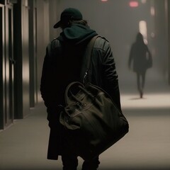 A mysterious man carrying a bag. Made with Generative AI. - obrazy, fototapety, plakaty