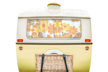 Vintage rear of a caravan in two tone yellow and white - obrazy, fototapety, plakaty