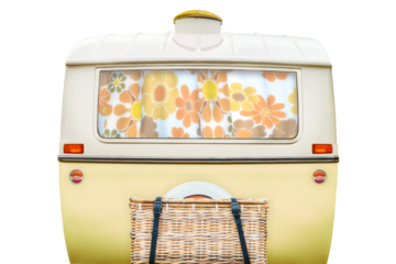 Vintage rear of a caravan in two tone yellow and white