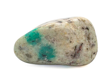Focused Green K2 Jasper tumbled crystal, K2 granite, tumbled stone green azurite - malachite on white granite macro photography isolated on a white surface background 