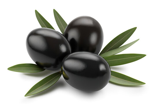Three delicious black olives, isolated on white background. Based on generative AI