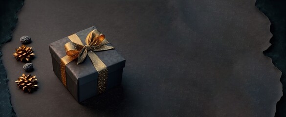Beautiful golden and black gift box on black table against blurred festive lights, space for text