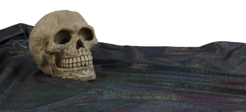 Celtic symbols etched into human skull laid on a dark shimmering slinky silky material with space for copy transparent png file - Powered by Adobe