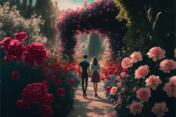 A young couple holding hands while walking through a picturesque garden filled with red and pink roses - AI generated
