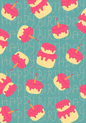 rectangular greeting background with cakes with candles, vector background with a congratulatory inscription, greeting bright card with sweets