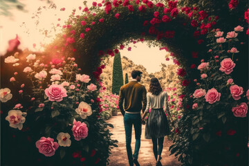 A young couple holding hands while walking through a picturesque garden filled with red and pink roses - AI generated