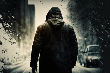 personnage de dos avec une capuche, marche dans une ville menaçante et sale, ambiance sombre de thriller