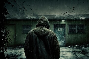 personnage de dos avec une capuche, marche dans une ville menaçante et sale, ambiance sombre de thriller