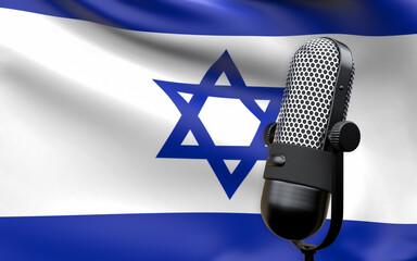 Israel national flag with microphone composition of voice of truth debate information radio broadcast translation radio podcast freedom of speech concept 3d rendering image
