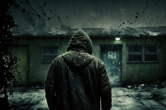 personnage de dos avec une capuche, marche dans une ville mena&ccedil;ante et sale, ambiance sombre de thriller