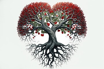 illustration d'arbre en forme de coeur avec branches et racines sur fond blanc