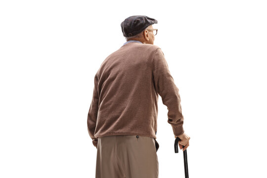 Rear view shot of an elderly man standing with a cane