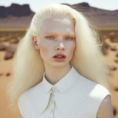 Generative ai portrait of beautiful albino woman fashionable outdoors desert - obrazy, fototapety, plakaty