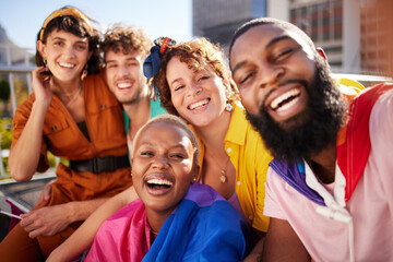 LGBTQ, selfie portrait or diversity friends happy, smile and enjoy outdoor time together, fun or holiday vacation. Transgender, bisexual and lesbian gay people with memory photo of friendship reunion - obrazy, fototapety, plakaty