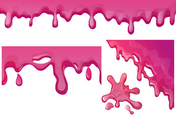 Set Slime purple and pink, jelly glaze with drips and glitter in cartoon style seamless isolated on white background.