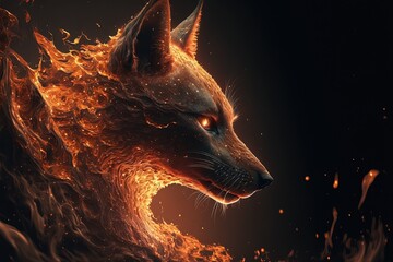 portrait d'animal fantastique et mythologique magique en flammes et étincelles sur fond sombre. renard