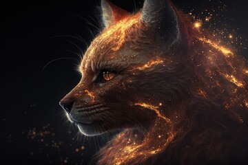 portrait d'animal fantastique et mythologique magique en flammes et étincelles sur fond sombre. chat