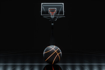 Black basketball against a basketball backdrop and ring on a dark background. Basketball concept, sports betting. Copy space, 3D illustration, 3D rendering.