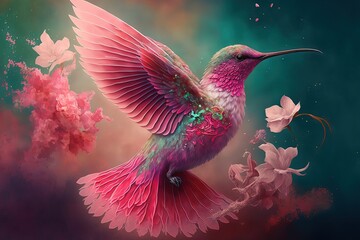 illustration douce de colibri en vol butinant des fleurs colorées, ambiance magique et poétique - obrazy, fototapety, plakaty