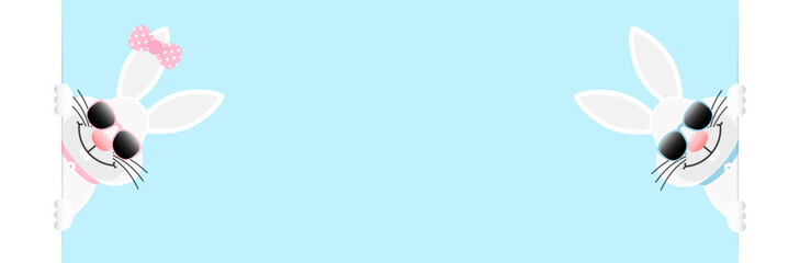 2 Weiße Osterhasen Mädchen & Junge Sonnenbrille Banner Innen Himmel