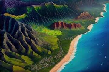 Beautiful island, view from the top of the mountain created with Generative AI technology